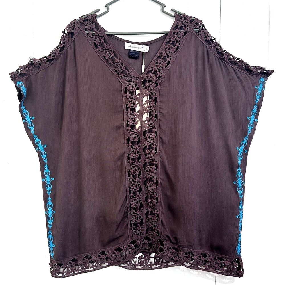 Urban Mangoz New Brown Embroidered Top Size L V-Neck Short Sleeve Cotton Boho